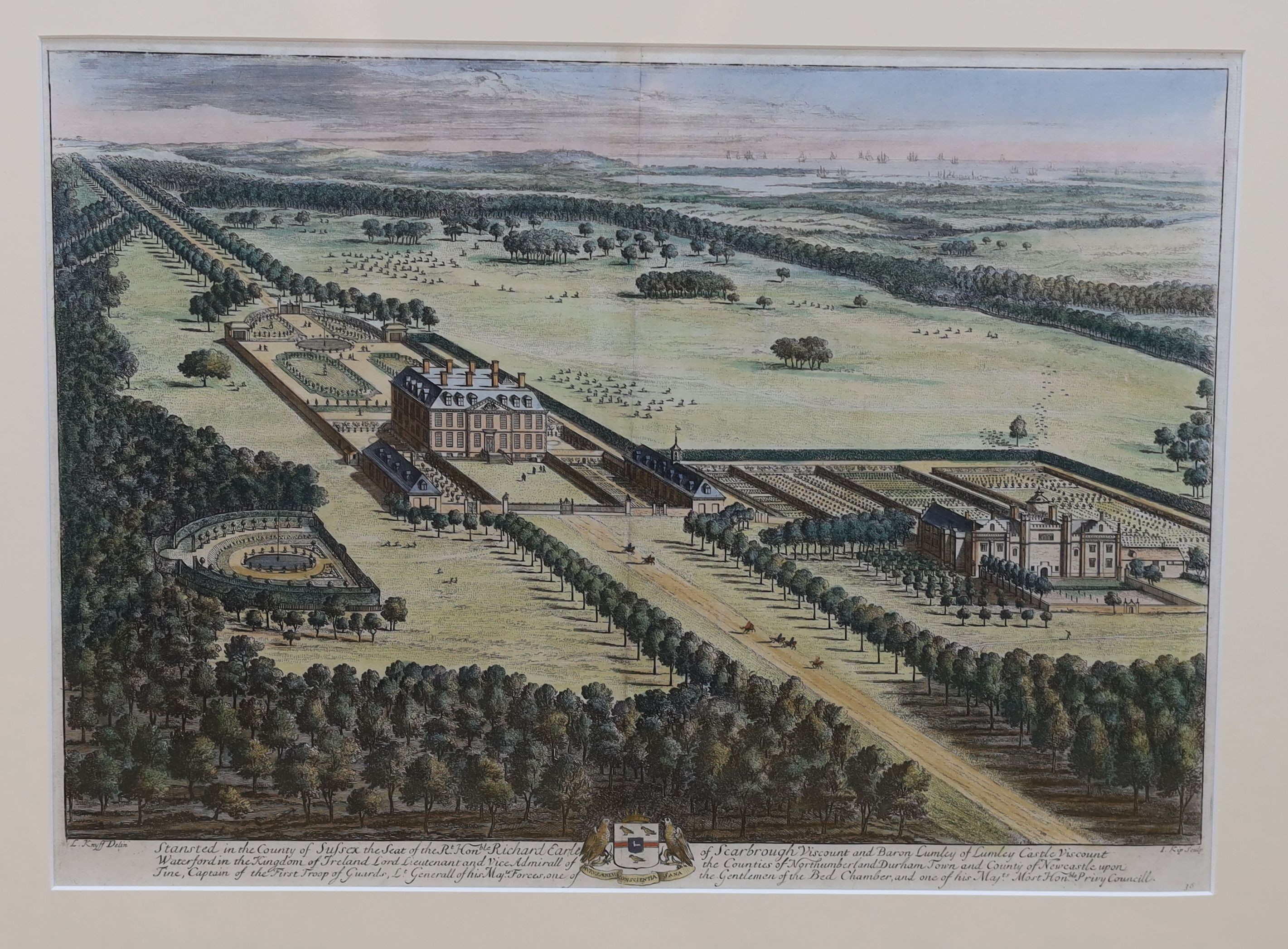 Blaeu, colour engraving, Map of Suthsexia (Sussex), 39 x 53cm and an engraving of Stanstead after Kip, 35 x 48cm